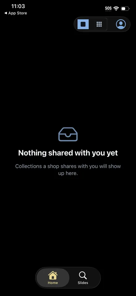 A client's home screen in the Carousel Shop AI iPhone app before anything has been shared, reading nothing shared with you yet, collections a shop shares with you will show up here.