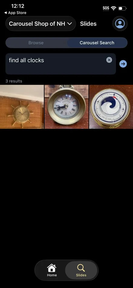 A client running a Carousel Search for find all clocks in the Carousel Shop AI iPhone app, returning three results from the items shared with them.