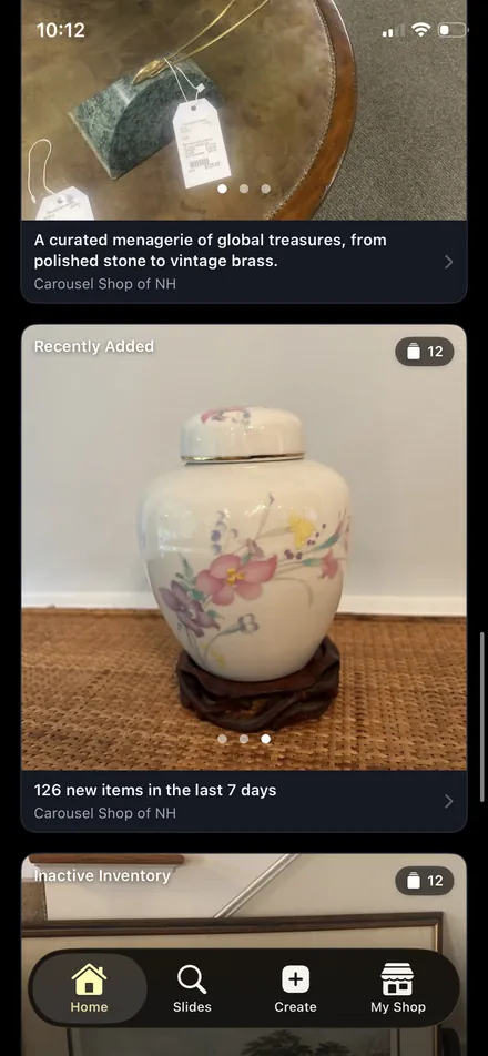 Recently Added and Inactive Inventory collections in the Carousel Shop AI home feed, showing 126 new items in the last seven days.