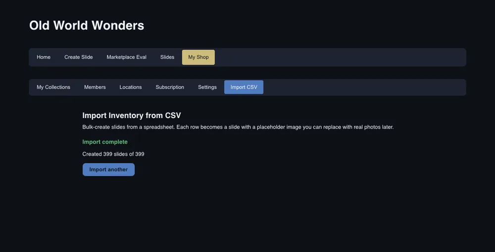 The CSV import completion screen in the Carousel Shop AI web app, reading import complete, created 399 slides of 399.