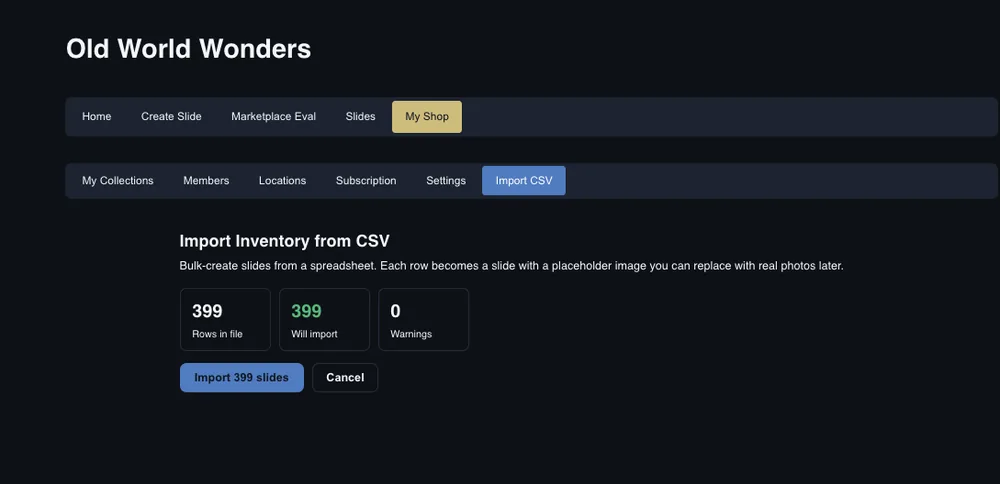 The CSV import preview in the Carousel Shop AI web app, showing 399 rows in file, 399 will import, and 0 warnings, with a button reading Import 399 slides.