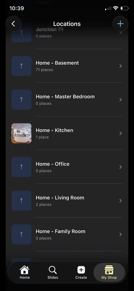 The Locations list in the Carousel Shop AI iPhone app, showing Home Basement with 71 places, Home Kitchen, Home Living Room and other locations.