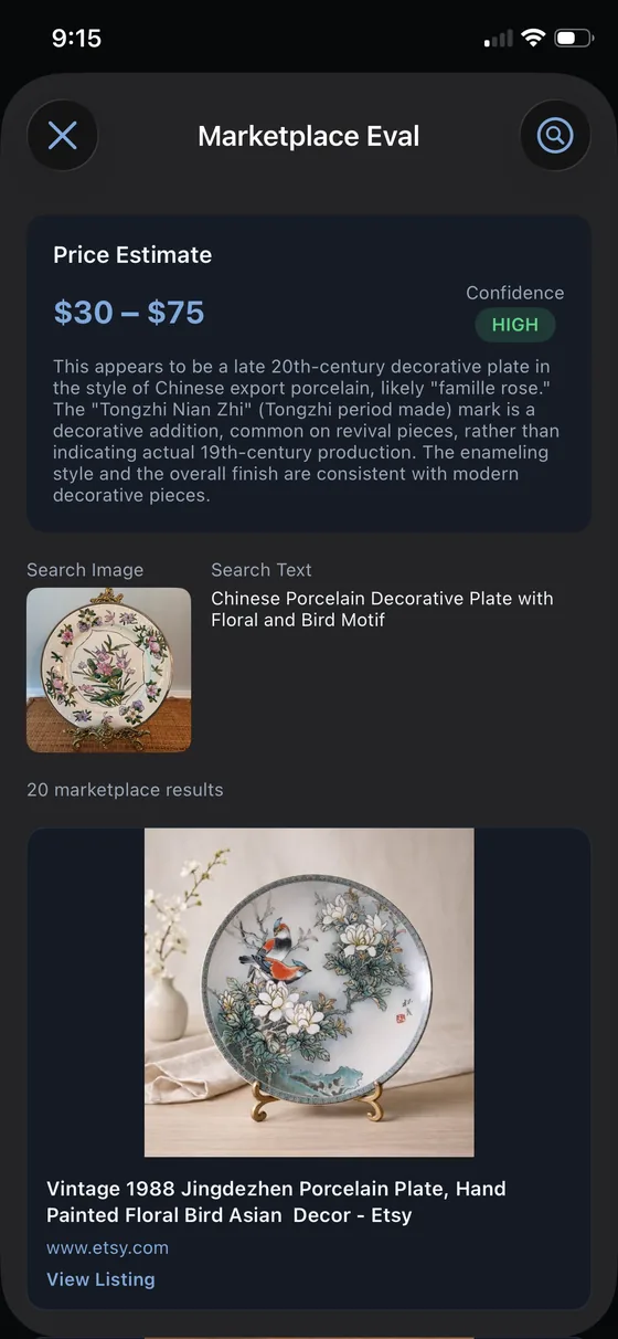 Marketplace Eval in the Carousel Shop AI iPhone app, showing a $30 to $75 price estimate with a high confidence rating, a written explanation of the valuation, and twenty comparable marketplace listings.