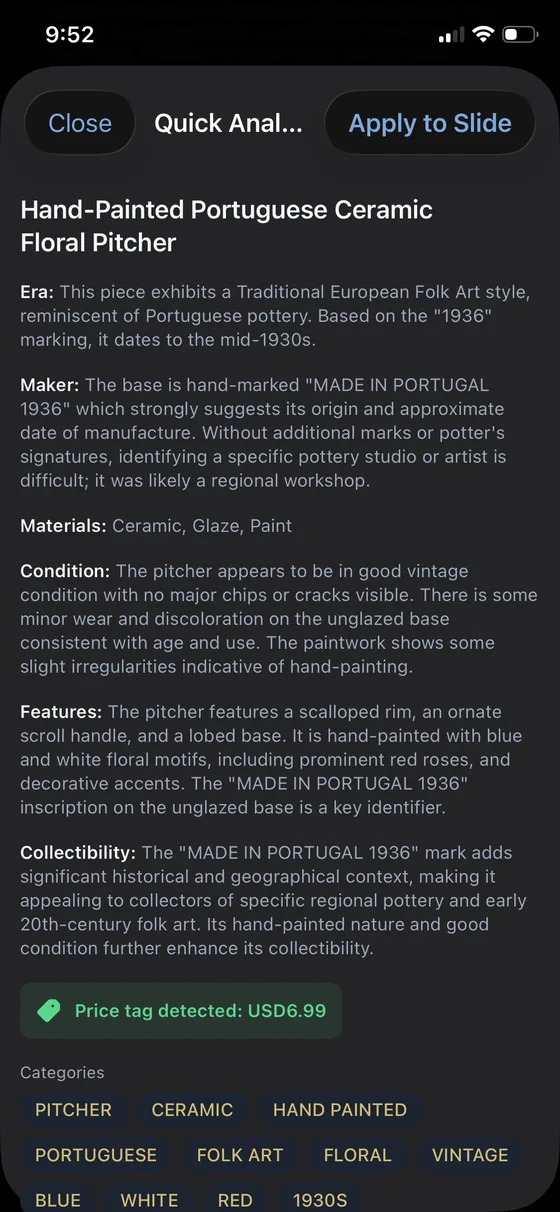 Quick Analyze results in the Carousel Shop AI iPhone app for a hand-painted Portuguese ceramic pitcher, listing era, maker, materials, condition, features and collectibility, a detected price tag of USD 6.99, and suggested categories.
