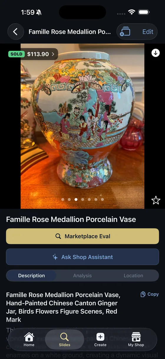 A sold Famille Rose Medallion porcelain vase in the Carousel Shop AI iPhone app, with an Ask Shop Assistant button under the Marketplace Eval button.