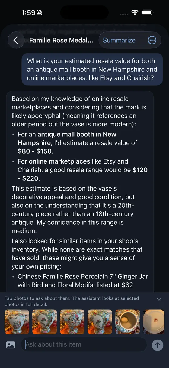 A Shop Assistant reply in the Carousel Shop AI iPhone app estimating the vase at $80 to $150 in a New Hampshire antique mall booth and $120 to $220 on Etsy or Chairish, explaining what drives the range with medium confidence, then listing a comparable Famille Rose ginger jar from the shop's own inventory listed at $62.