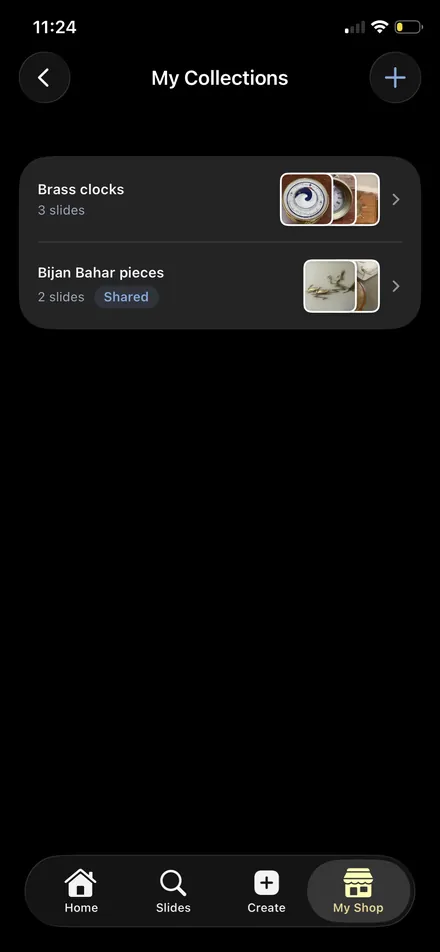 The My Collections list in the Carousel Shop AI iPhone app showing two collections, Brass clocks and Bijan Bahar pieces, the latter carrying a Shared badge.