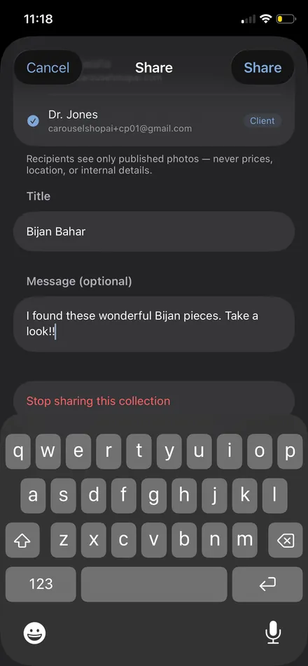 The share sheet in the Carousel Shop AI iPhone app, selecting a recipient labelled Client, with a title and a personal message, and a note reading recipients see only published photos, never prices, location, or internal details.